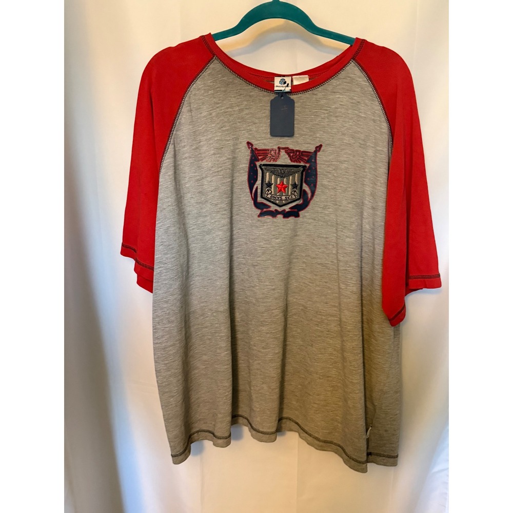 Phys Sci Mens XXL Raglan T-Shirt Gray Red Embroidered Crest Graphic Tee